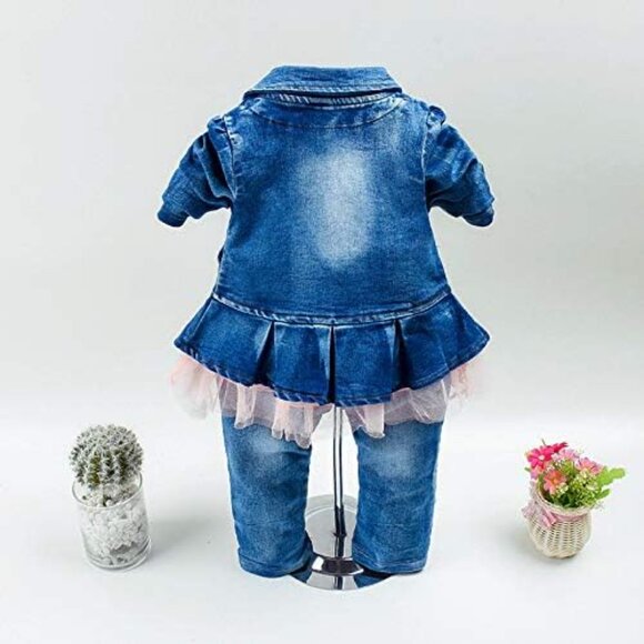Little Girls Clothing Set 3pcs Long Sleeve T-Shirt Denim Jacket and Jeans - Picture 4 of 9